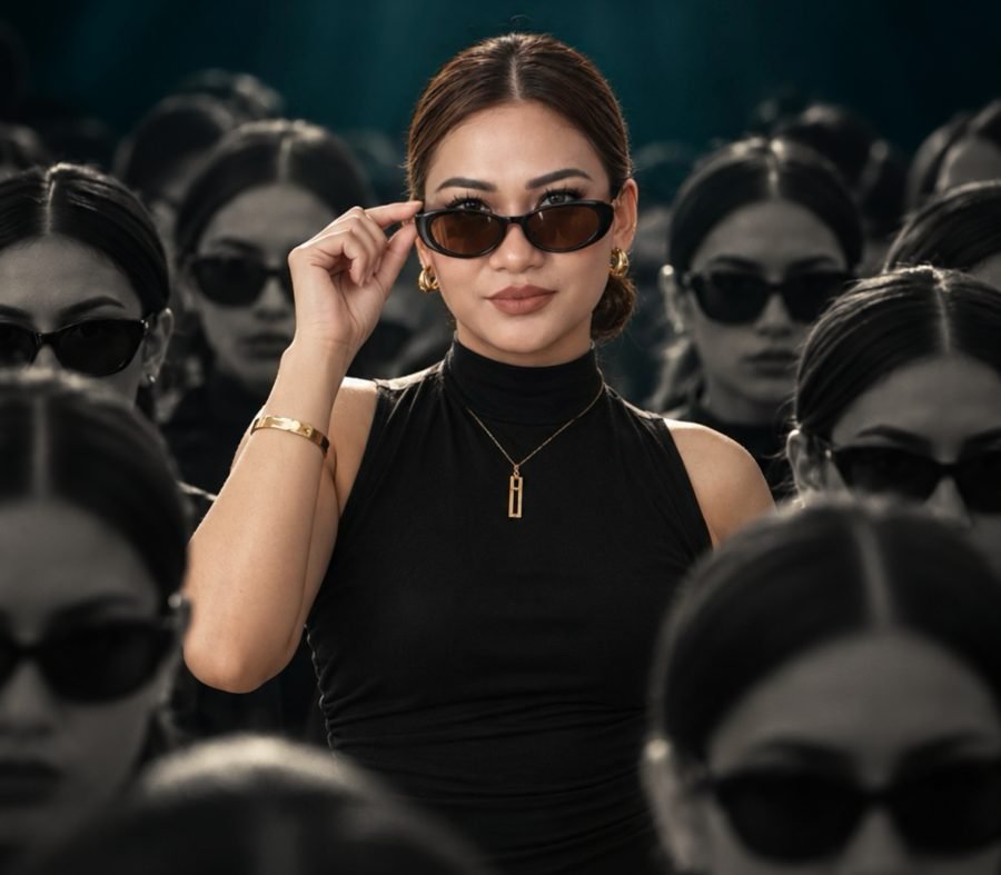 Model in sunglasses standing out from a crowd, from the Comeback Collection campaign