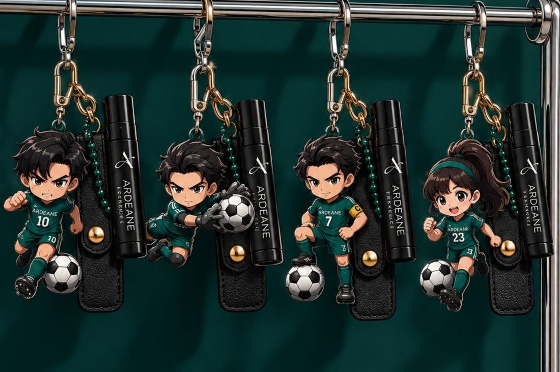 The four Football Edition keychains hanging on a rail